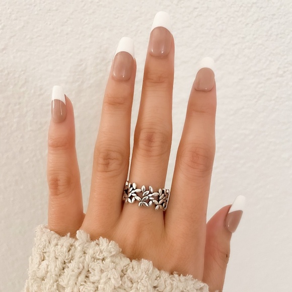 925 Sterling Silver Flower Ring Geometric Ring Leaf Ring Silver Chunky Ring - Picture 3 of 10